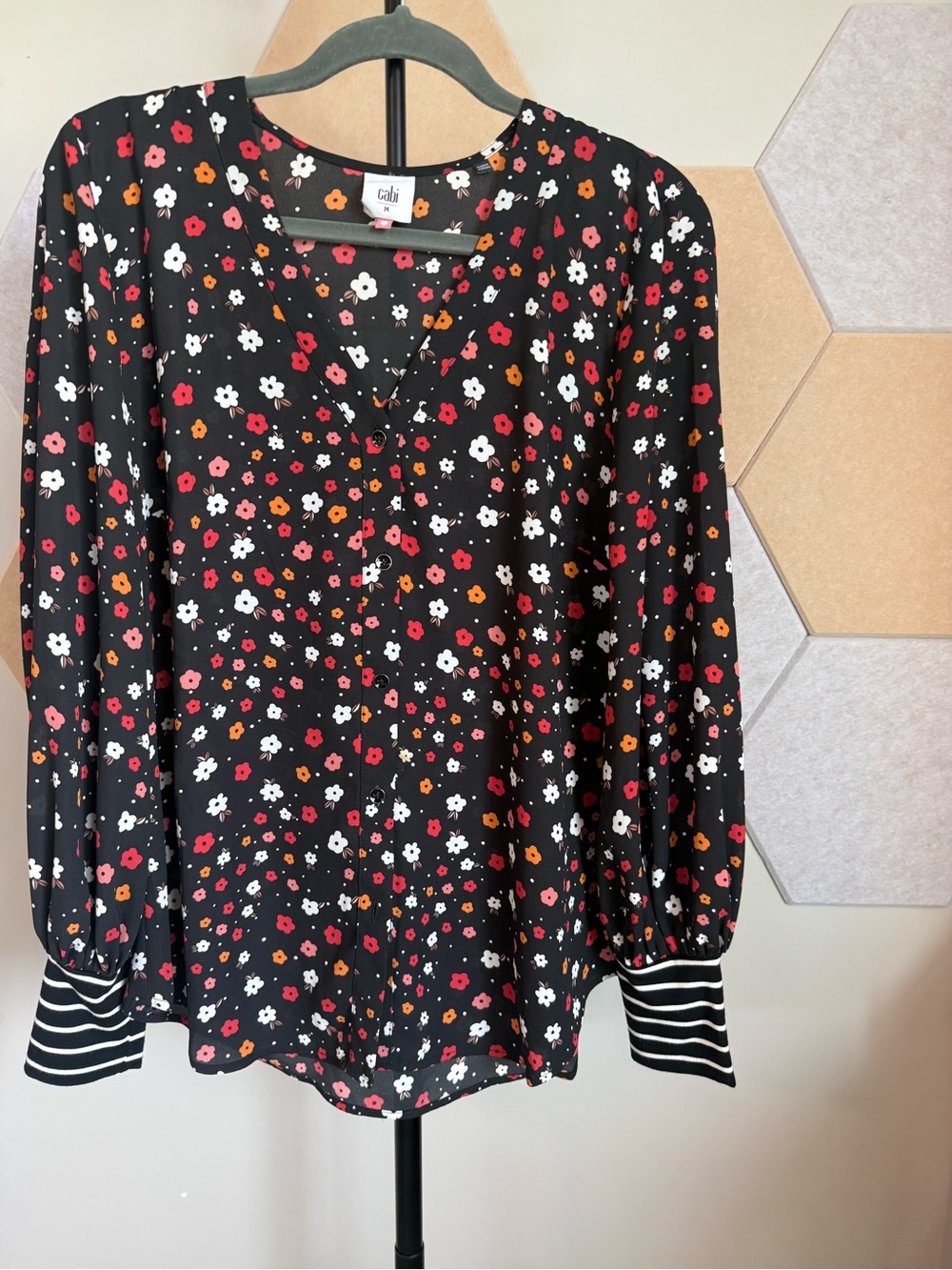 CAbi Black Floral V-Neck Long Sleeve Blouse with Striped Cuffs